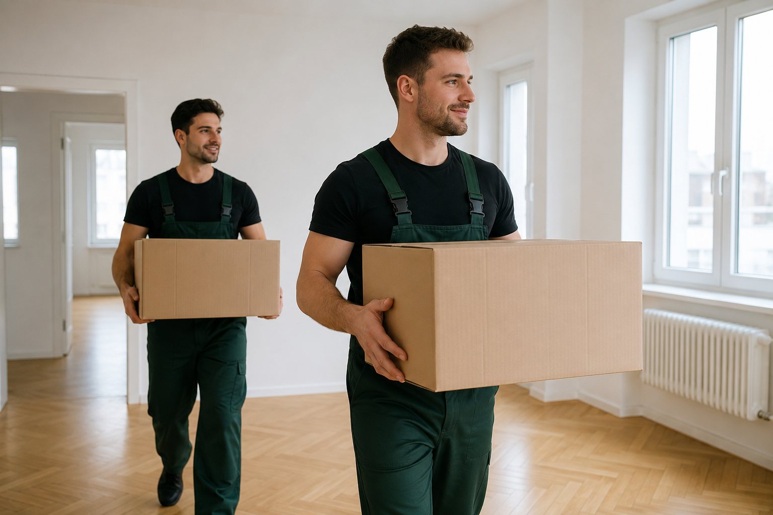Entrümpelung Neuss - das Team von Freigefegt in Firmen-Arbeitskleidung trägt Kartons aus einer leer geräumten Wohnung